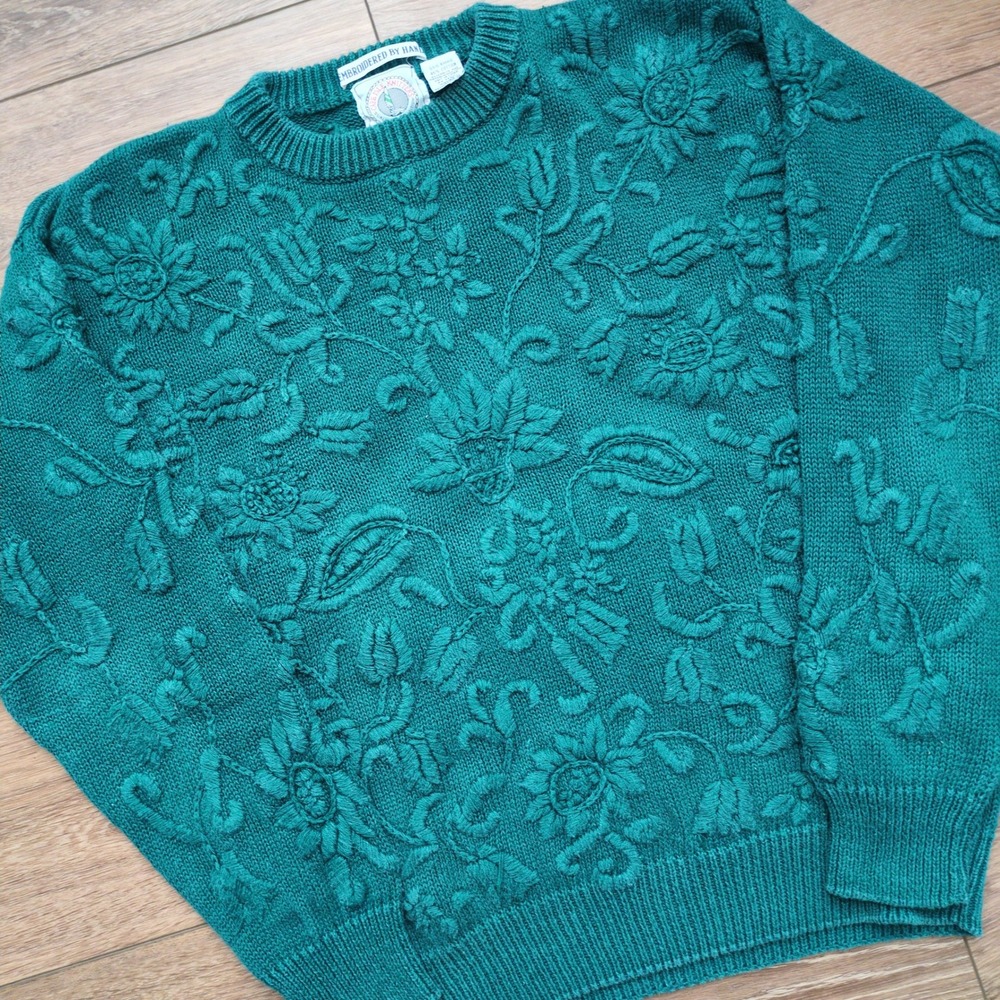 Cape Isle Knitters Floral Embroidered Sweater Teal Green Textured Chunky Cotton